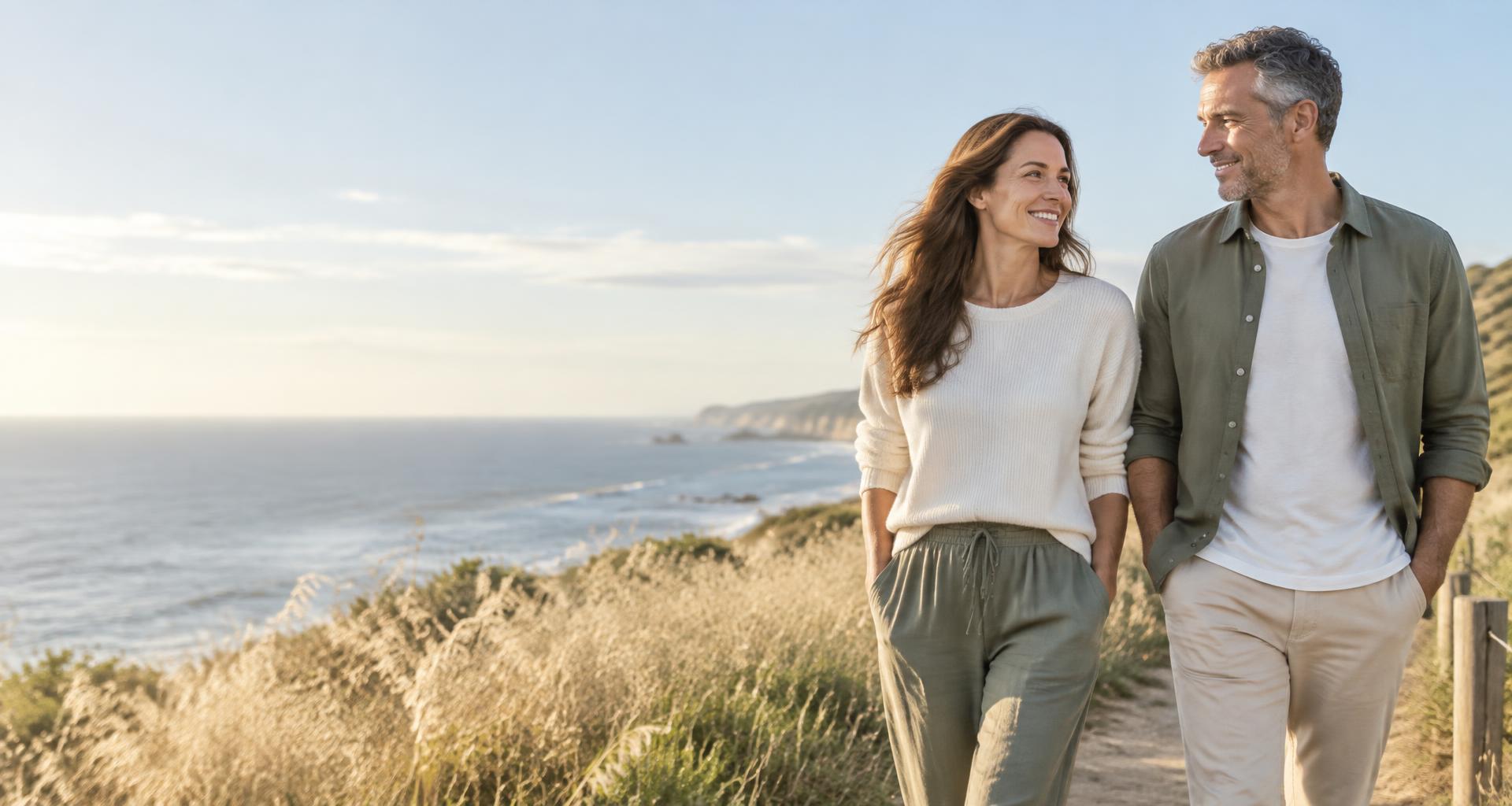 A woman and man enjoying a sunlit coastal walk