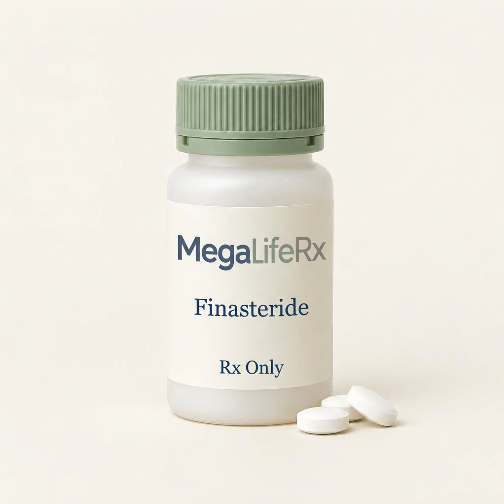 MegaLifeRx Finasteride illustrative packaging, Rx Only