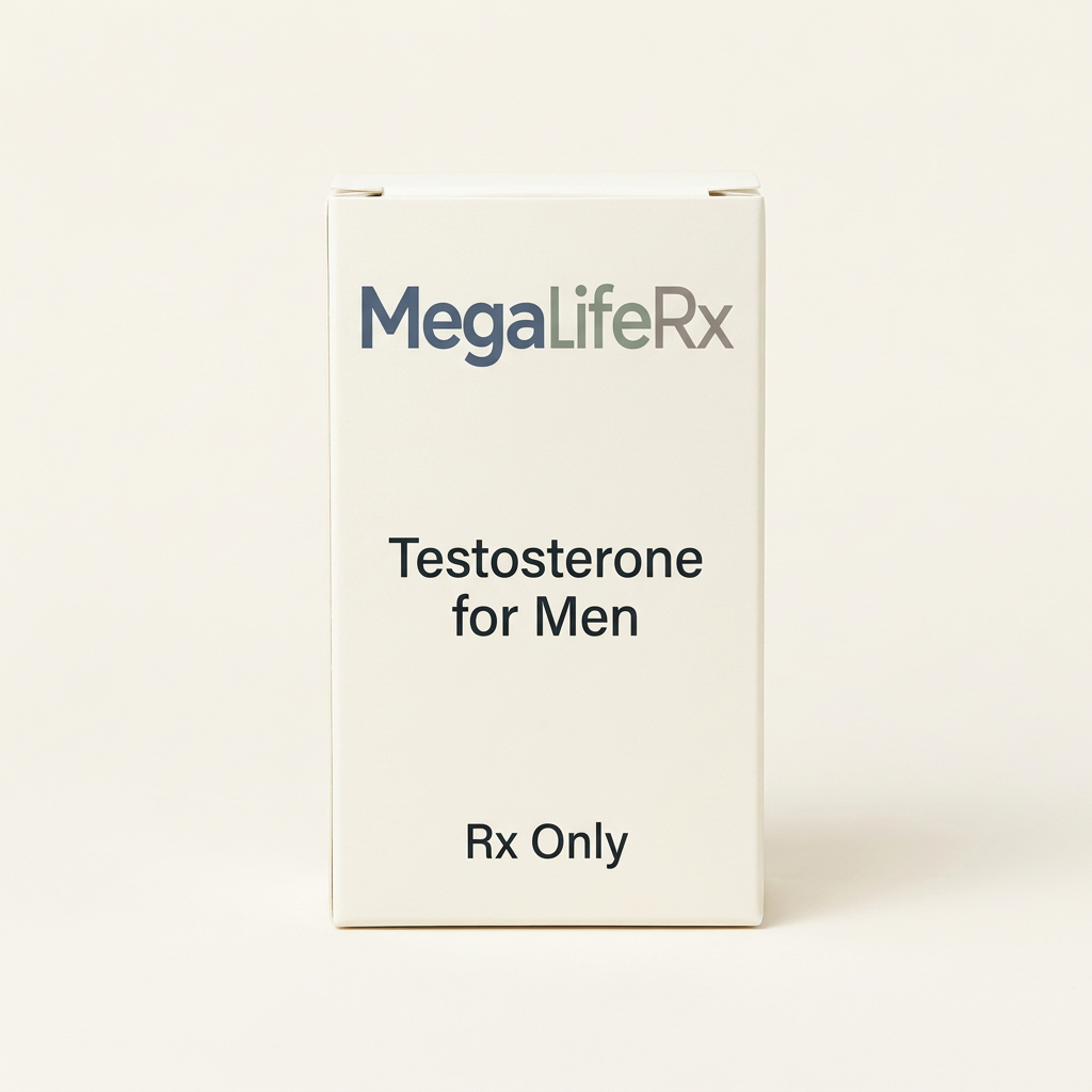 MegaLifeRx Testosterone for Men illustrative packaging, Rx Only