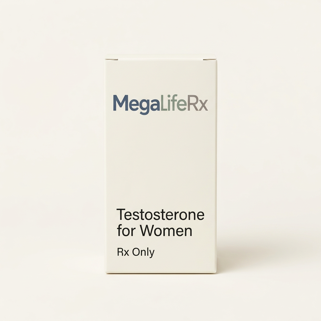 MegaLifeRx Testosterone for Women illustrative packaging, Rx Only